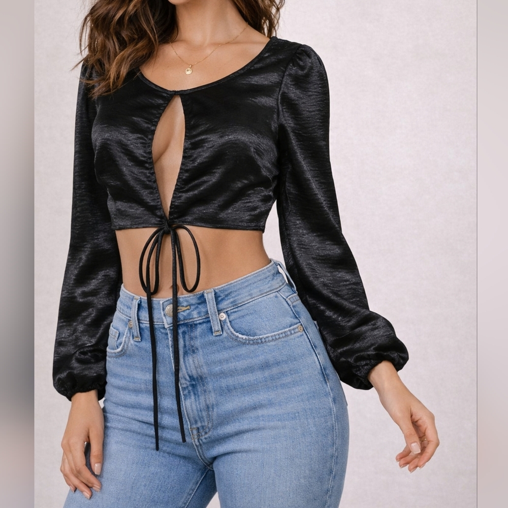 Black Satin Tie-Front Crop Top
